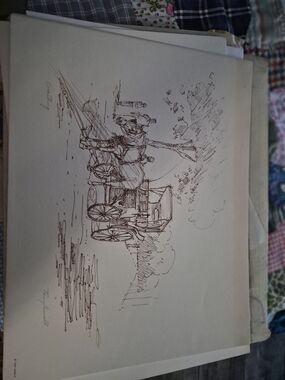 Tony Oswall Vintage Horse Carriage Pen & Ink Wall Art - Brown Sketch
